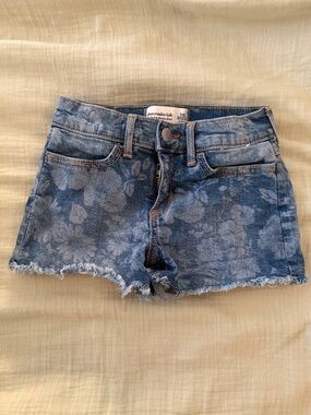abercrombie kids Blue Floral Denim Cutoff Shorts with Frayed Hem